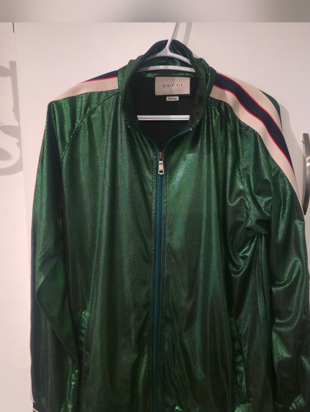 Authentic Gucci Metallic Green Track Jacket with Web Shoulder Stripe